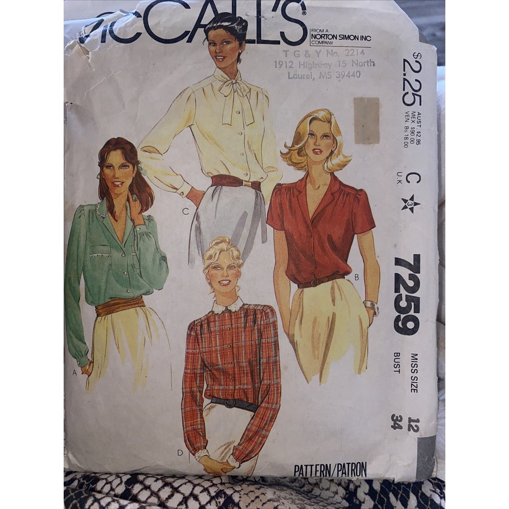 McCall's 7259 Misses Blouses Pattern - Size 12 Bust 34 Cut & Complete